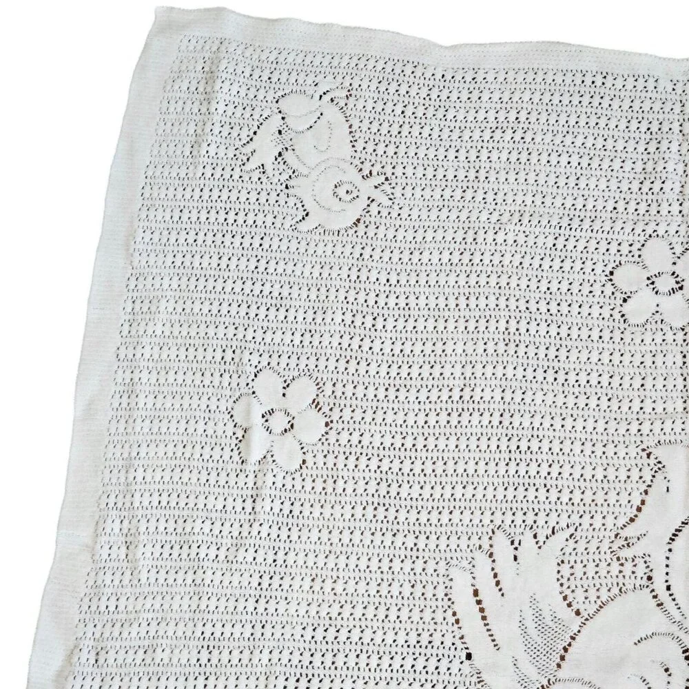 Vintage White Knit Baby Blanket Bird Flowers Open Knit‎ Yellow Bird 32 X 35